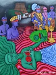 T Murali's another painting on Nangeli's Sacrifice. Acrylic on Canvas