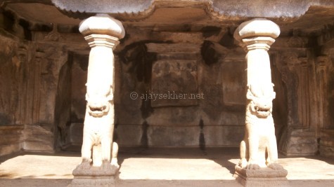 Lion pillars in the rock cut temple at Mamallapuram. Lion and elephants motifs were key icons in Buddhist architecture.