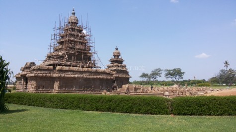 The shore temple at Mamallapuram. Also called the shore pagoda by western sailors as it closely resembles the Buddhist pagoda style of architecture. 