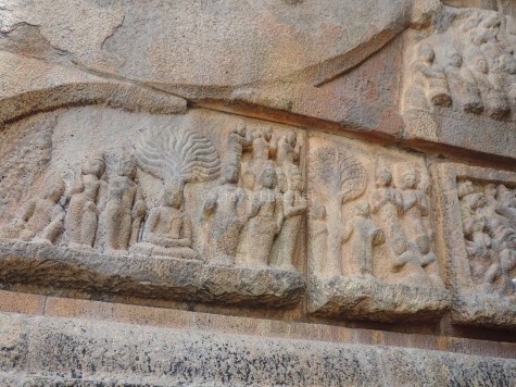 Panel reliefs depicting the Buddha under the Bodhi tree in Big temple, Tanjavur also called Brihadiswara temple built in early 11th century AD by Rajaraja Chola. This one on the eastern side of the southern exit from sanctum.