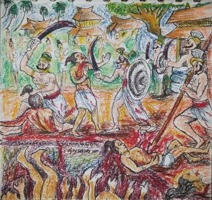 Dalava Kulam Massacre. Miniature by Ajay Sekher in Mixed Media on Paper 2015. 15*15cm 