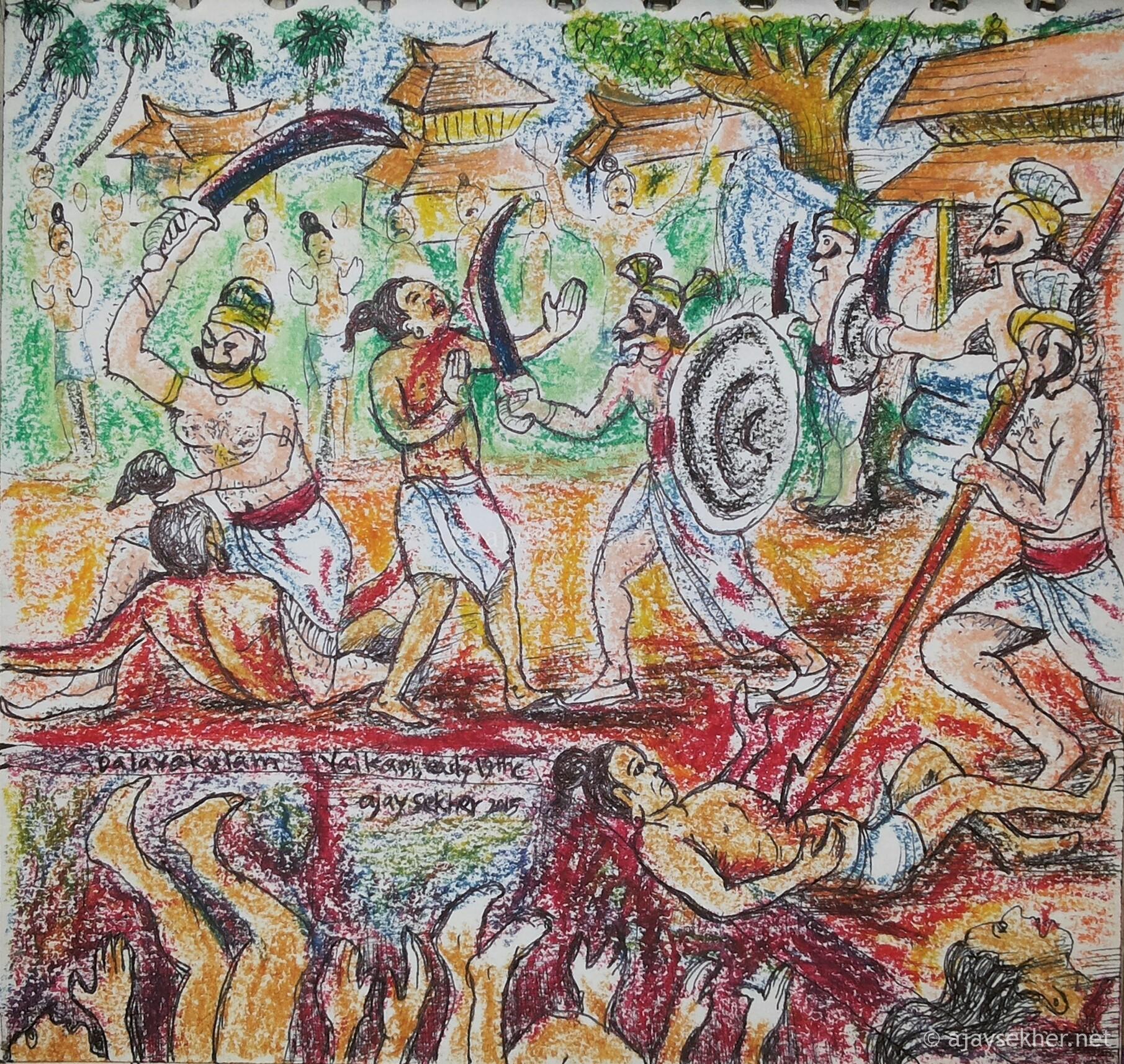 Dalava Kulam Massacre. Miniature by Ajay Sekher in Mixed Media on Paper 2015. 15*15cm 